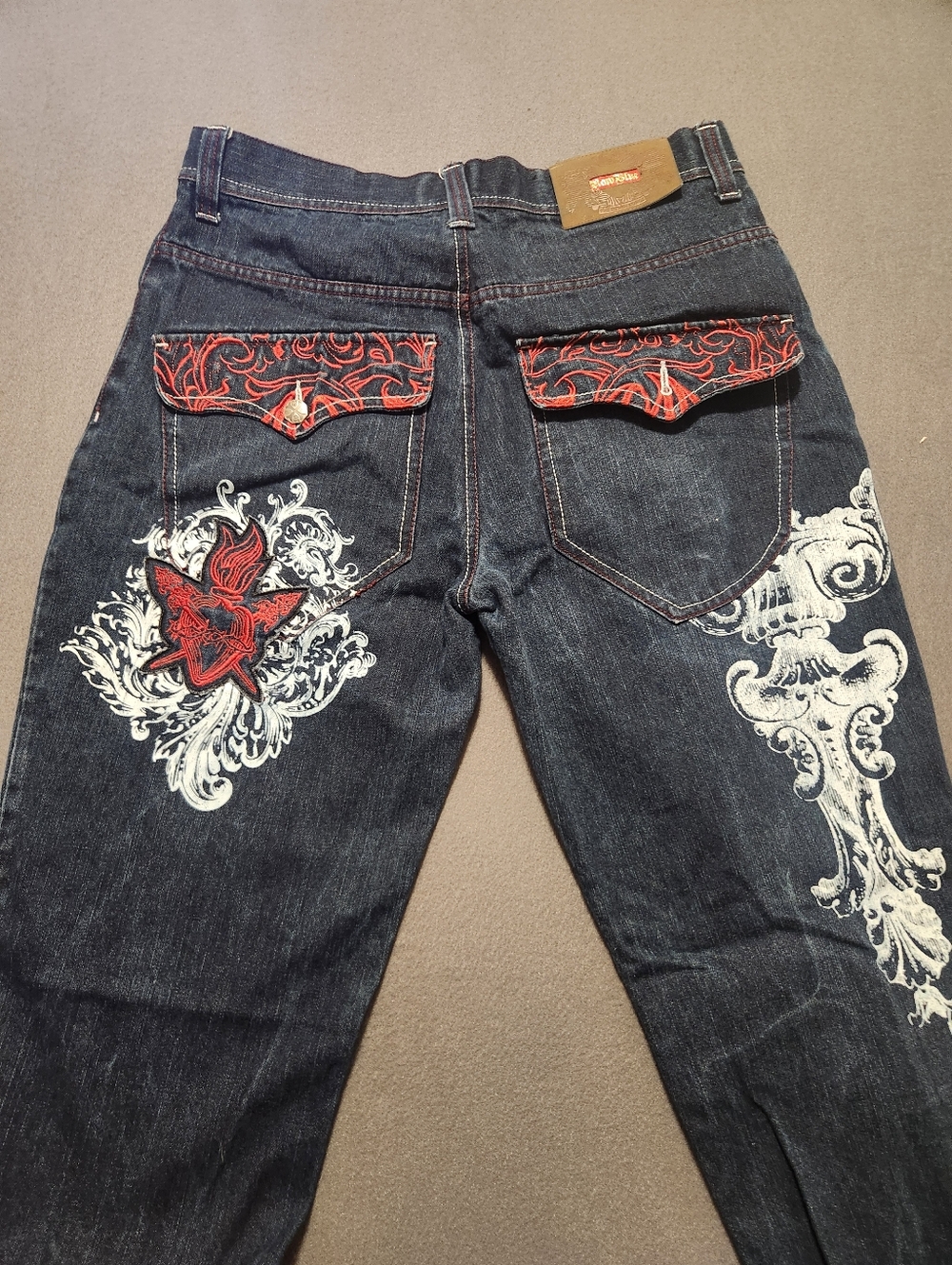 RAW BLUE Jeans Men Size 34x34 Rare Red Tab Vintage Wide Leg with Design Retro